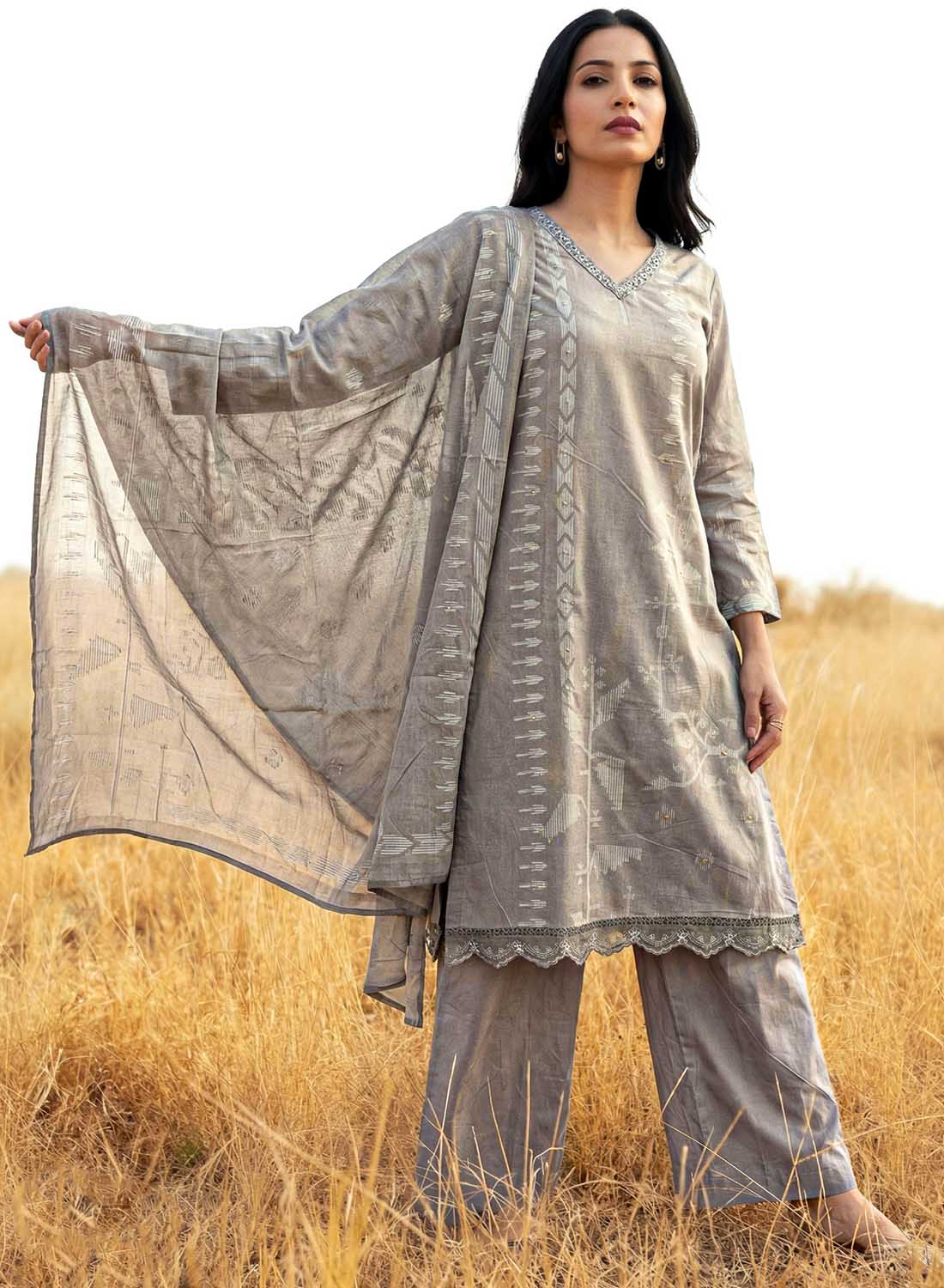 Pure Lawn Cotton Grey Unstitched Suit Dress Material for Women