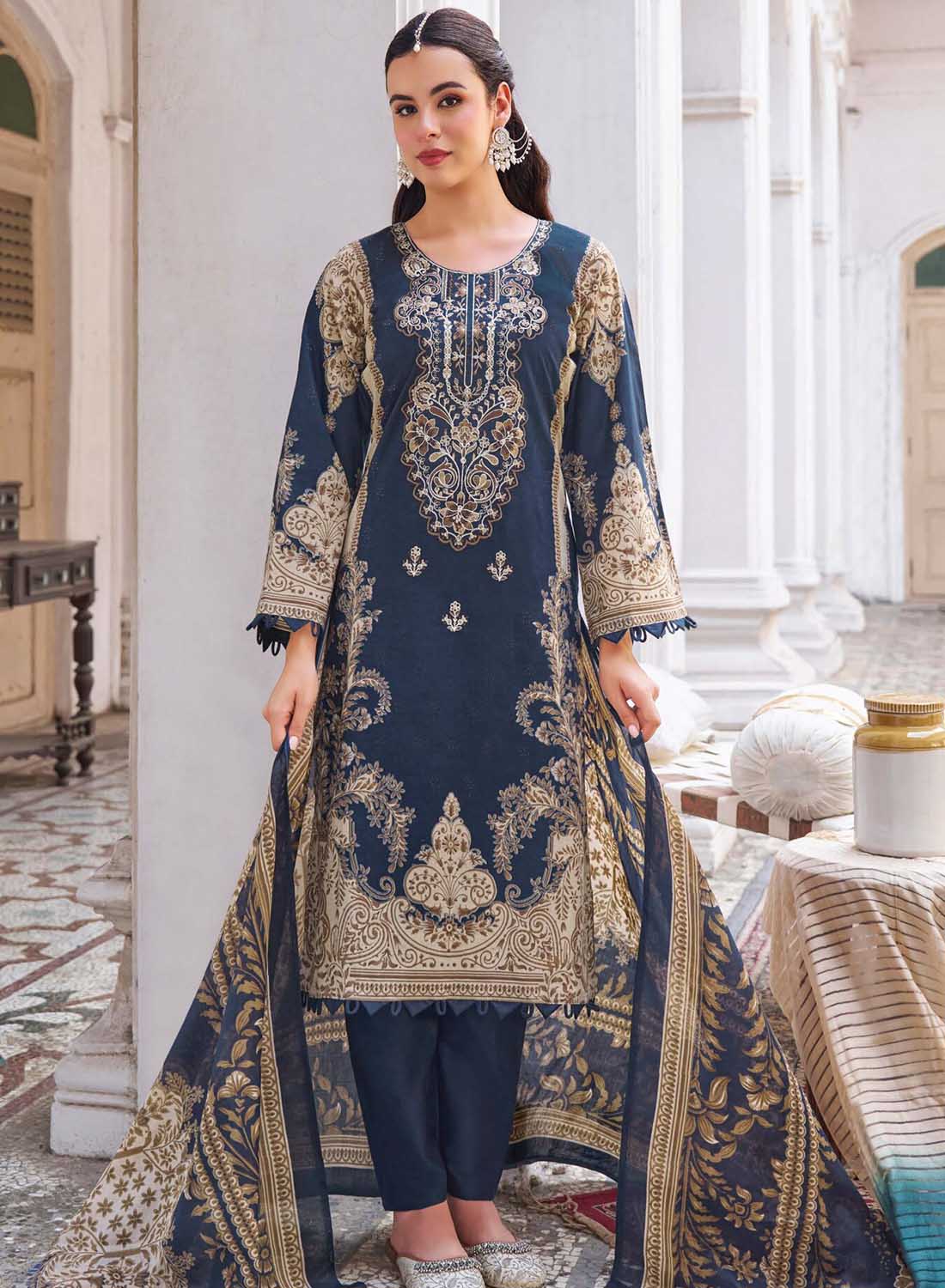 Pakistani Print Unstitched Pure Cotton Suit Material with Embroidery