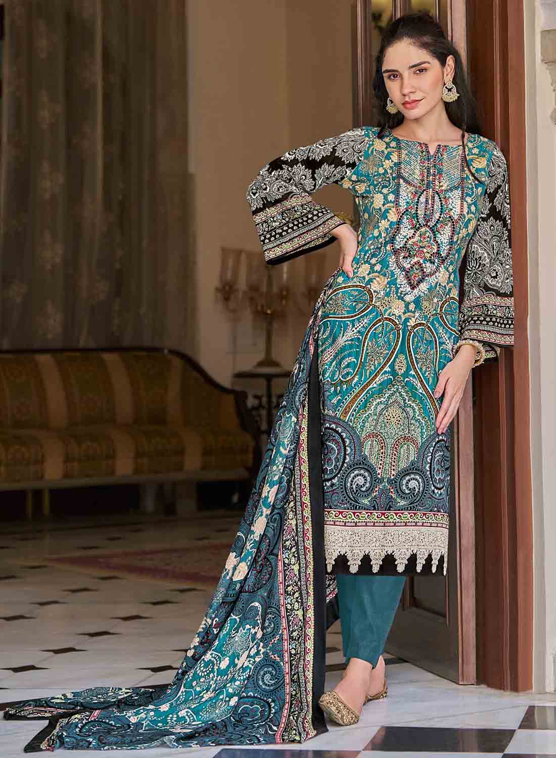 Women's Teal Pakistani Print Unstitched Cotton Suit Dress Material