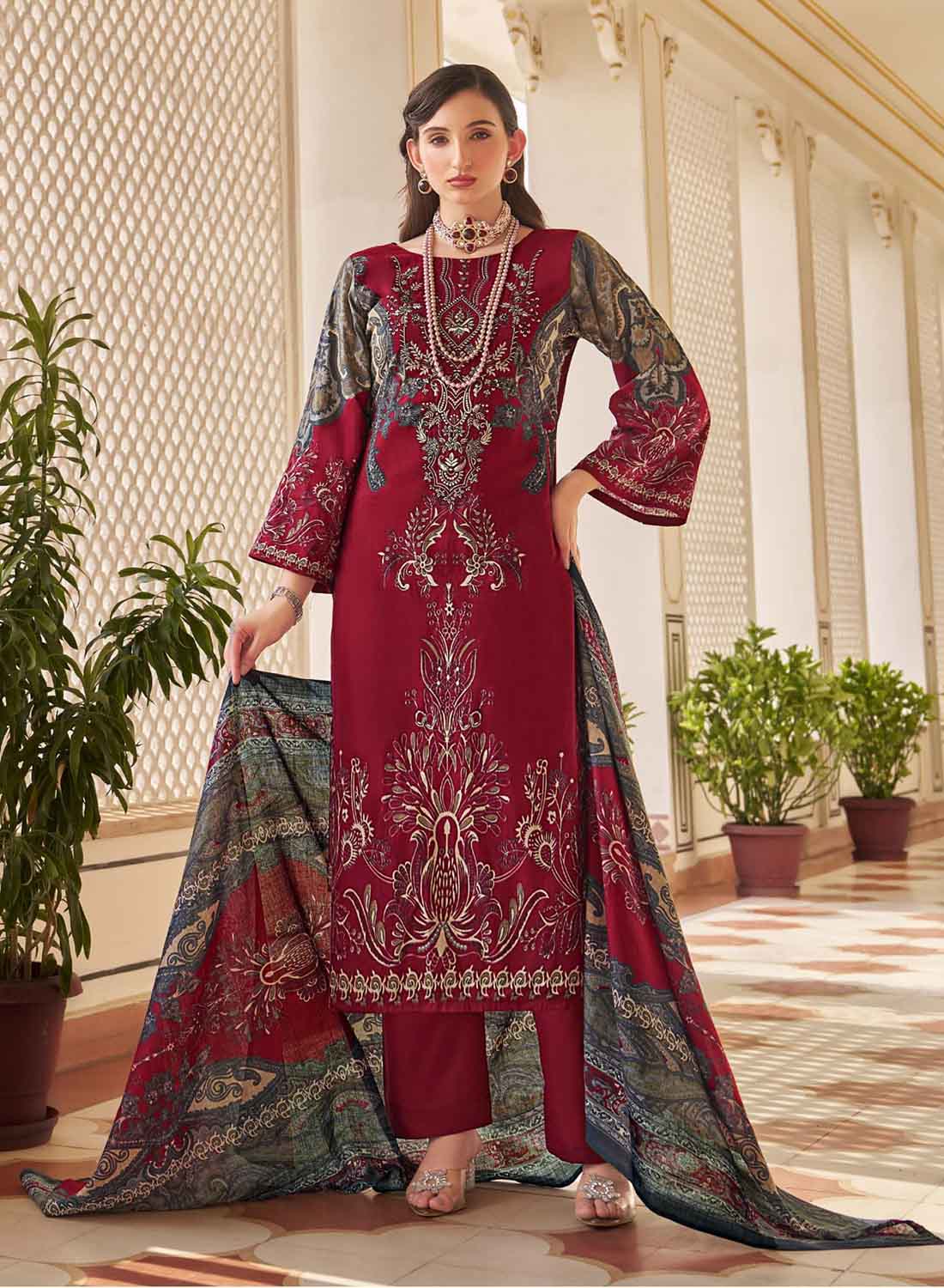 Women's Red Pakistani Print Unstitched Cotton Suit Dress Material