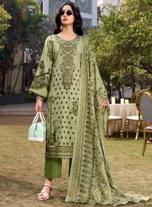 Pakistani Print Pure Cotton Green Unstitched Suit Set Material with Embroidery
