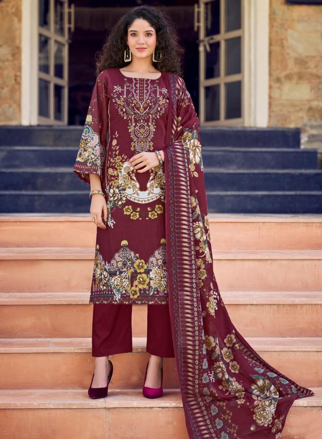 Maroon Pakistani Print Unstitched Pure Cotton Salwar Suit Material