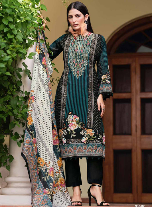 Black Pakistani Print Unstitched Pure Cotton Suit Material with Embroidery