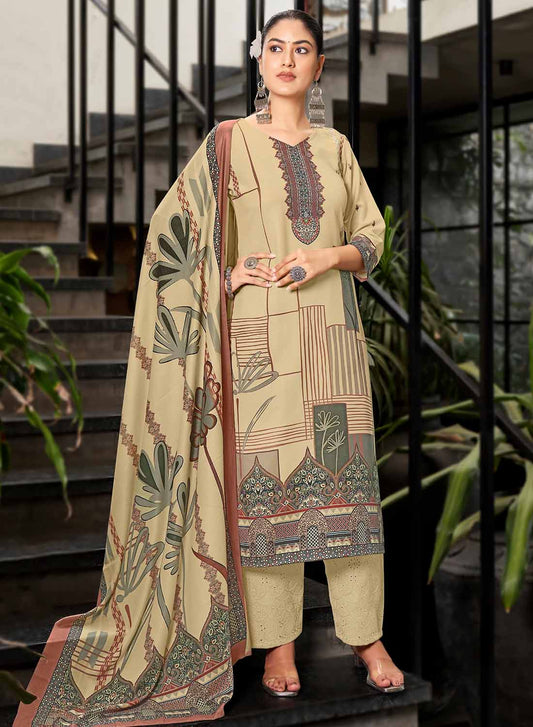 Rivaa Unstitched Beige Pashmina Winter Suit Dress Material for Women