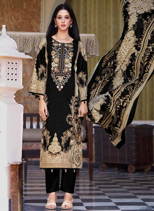 Pakistani Print Black Unstitched Pure Cotton Suit Set Material with Embroidery