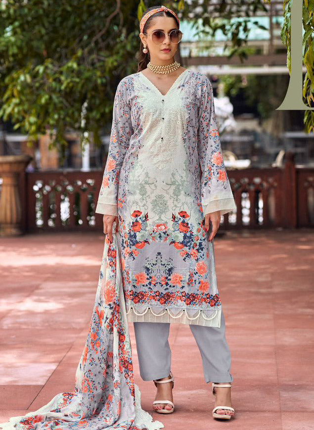 Cotton Pakistani Suit Grey Unstitched Material with Embroidery Patch