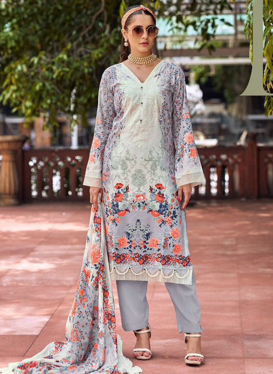 Cotton Pakistani Suit Grey Unstitched Material with Embroidery Patch