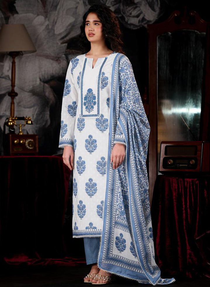 White Mul Chanderi Unstitched Salwar Suit Material with Embroidery for Women