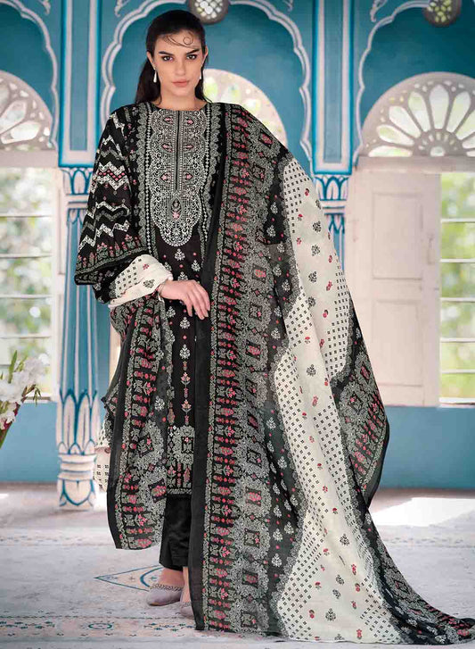 Women's Black Pakistani Print Unstitched Cotton Suit Dress Material