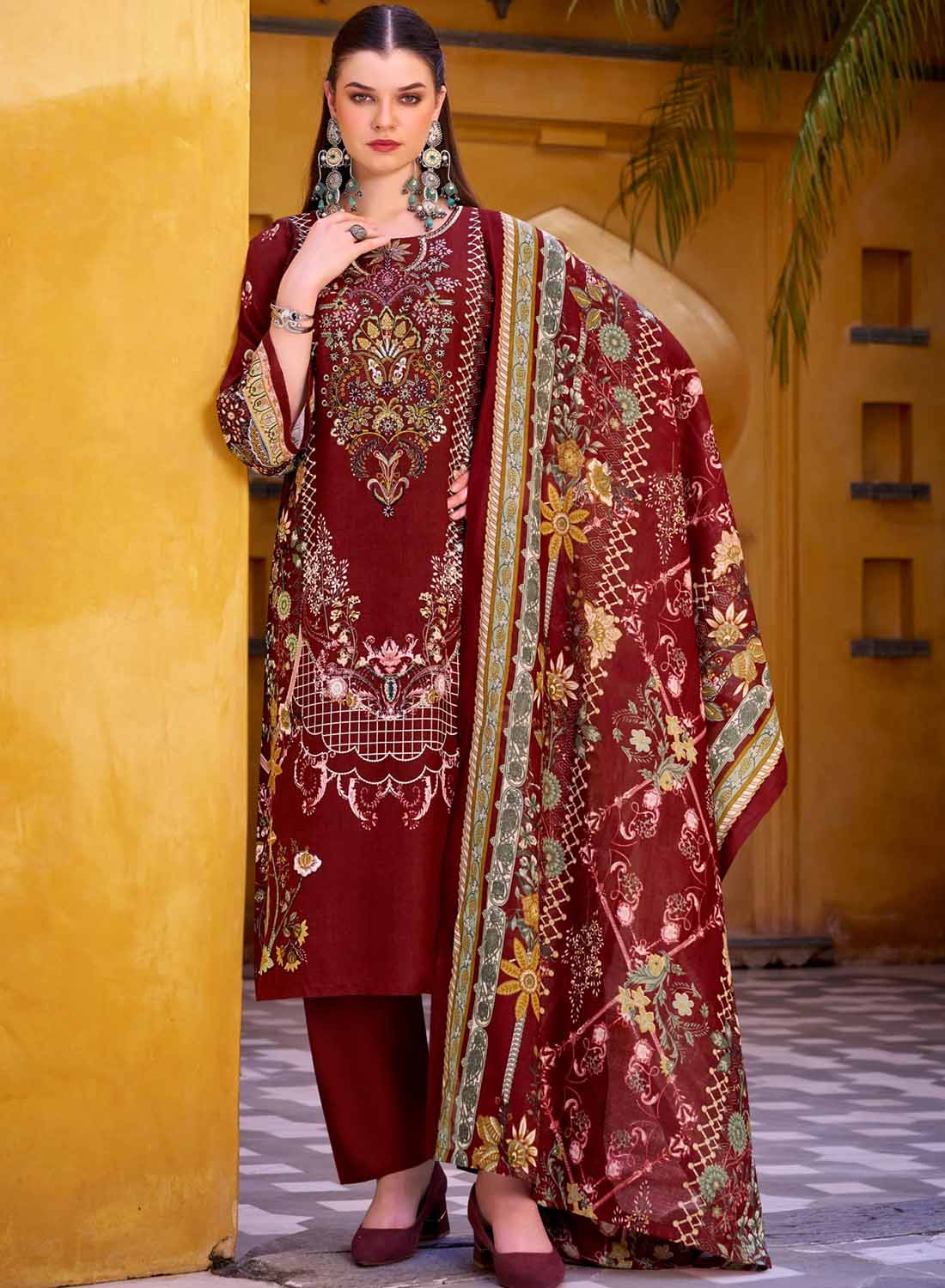 Maroon Pure Cotton Pakistani Print Unstitched Salwar Suit Material with Dupatta