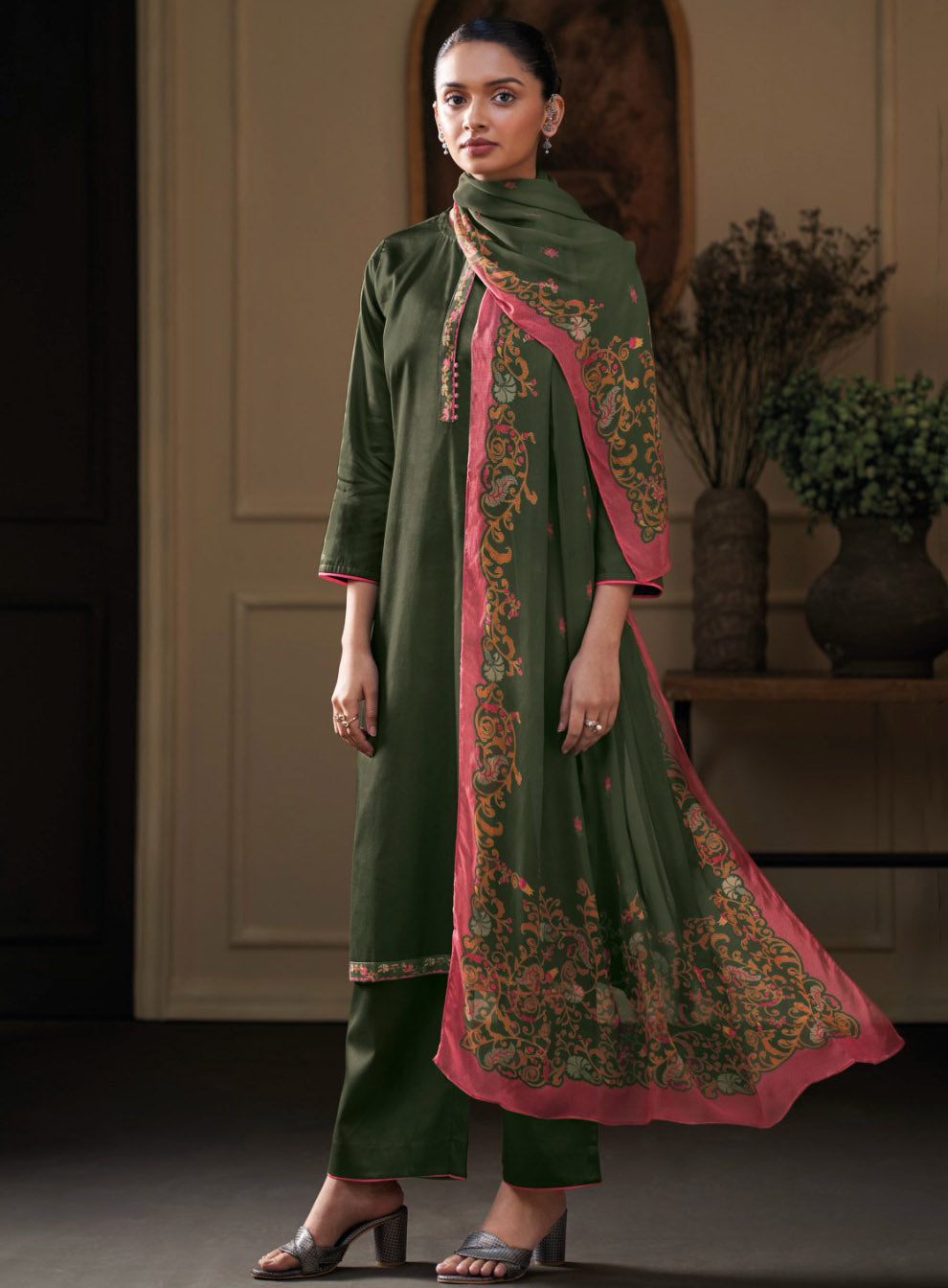 Ganga Cotton Silk Green Unstitched Salwar Suit Material with Chiffon Dupatta