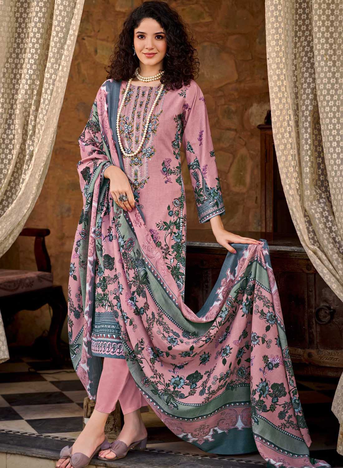 Pakistani Print Unstitched Pure Cotton Suit Dress Material with Embroidery