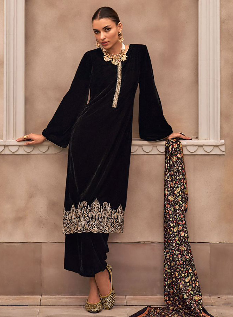 Mumtaz Arts Black Party Wear Winter Velvet Salwar Suit Dress Material Mumtaz Arts