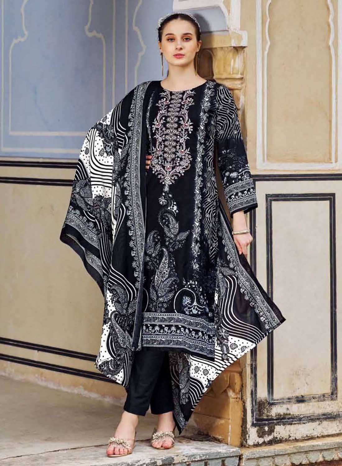 Women's Black Pakistani Printed Unstitched Cotton Suit Dress Material