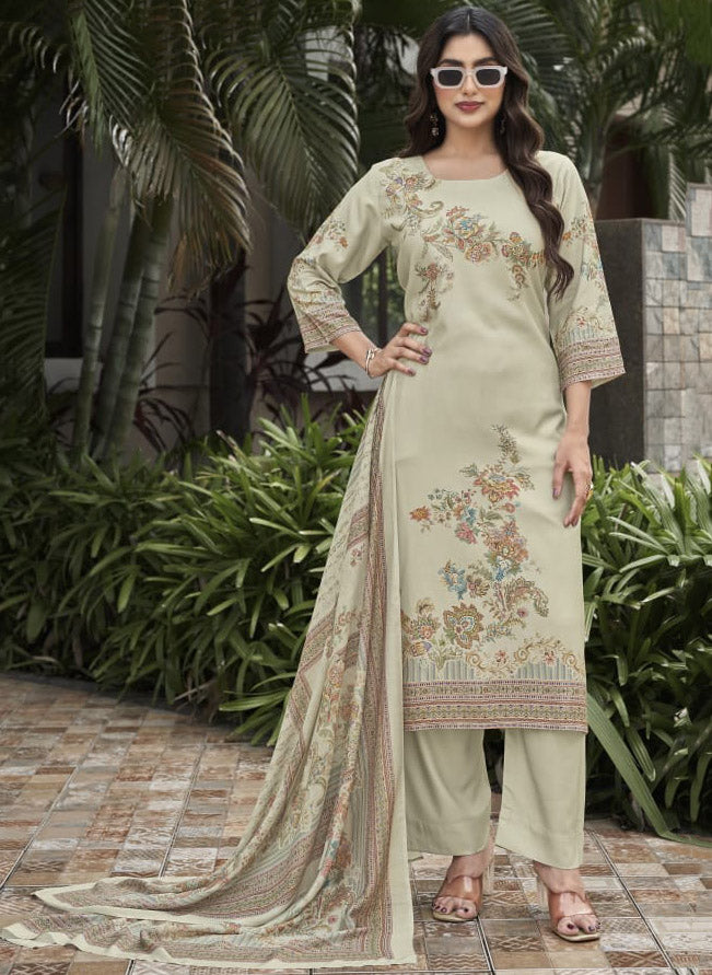 Beige Pashmina Unstitched Winter Salwar Suit Material with Muslin Dupatta