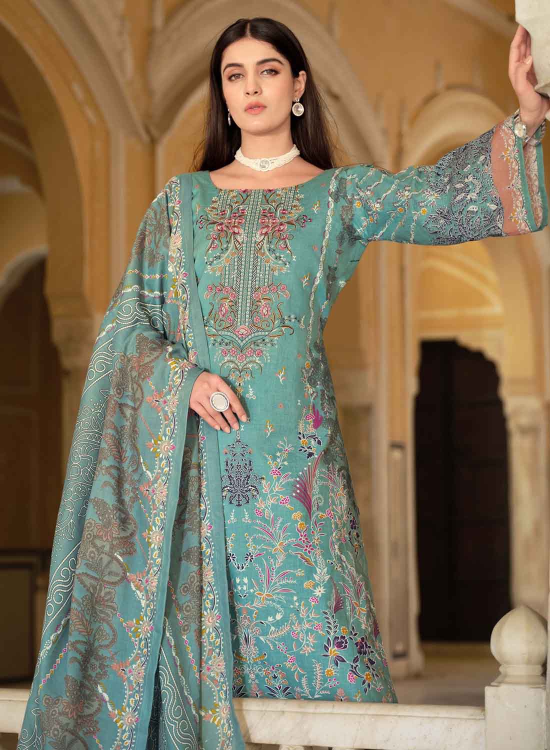 Women's Pakistani Print Unstitched Cotton Suit with Embroidery