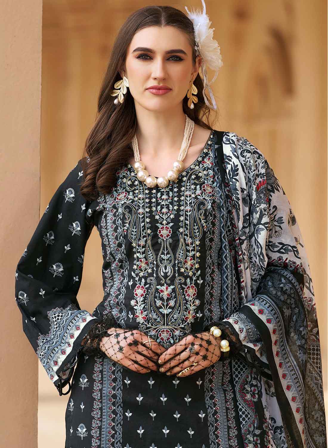 Pakistani Print Black Unstitched Pure Cotton Suit Set Material with Embroidery