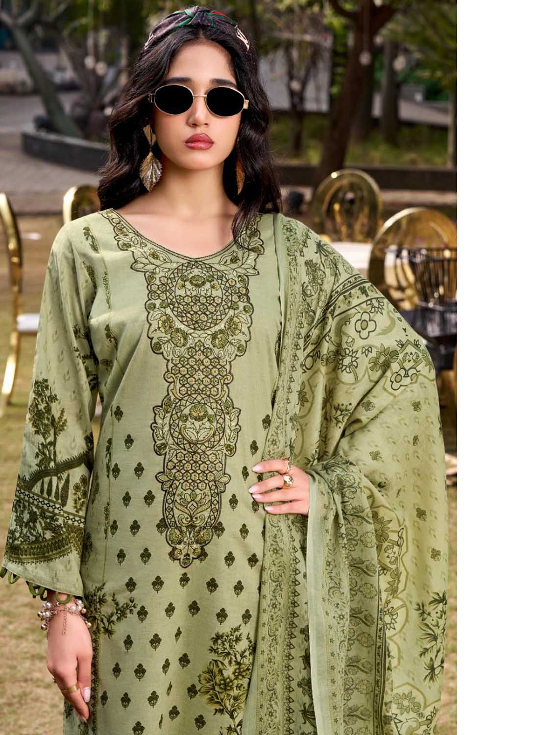 Pakistani Print Pure Cotton Green Unstitched Suit Set Material with Embroidery