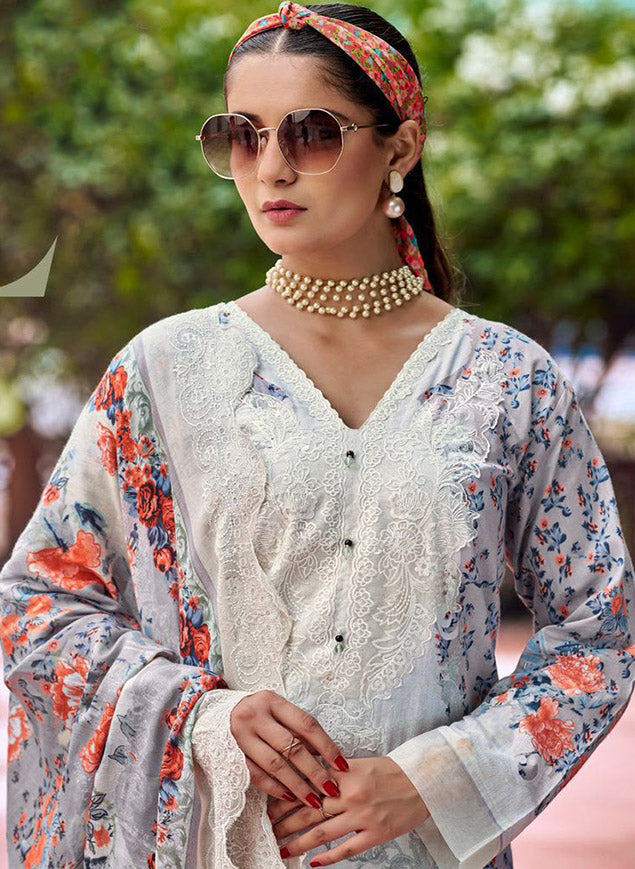 Cotton Pakistani Suit Grey Unstitched Material with Embroidery Patch