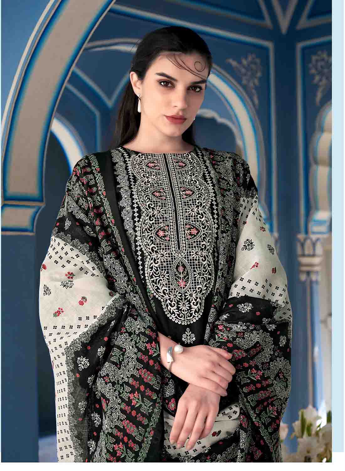 Women's Black Pakistani Print Unstitched Cotton Suit Dress Material