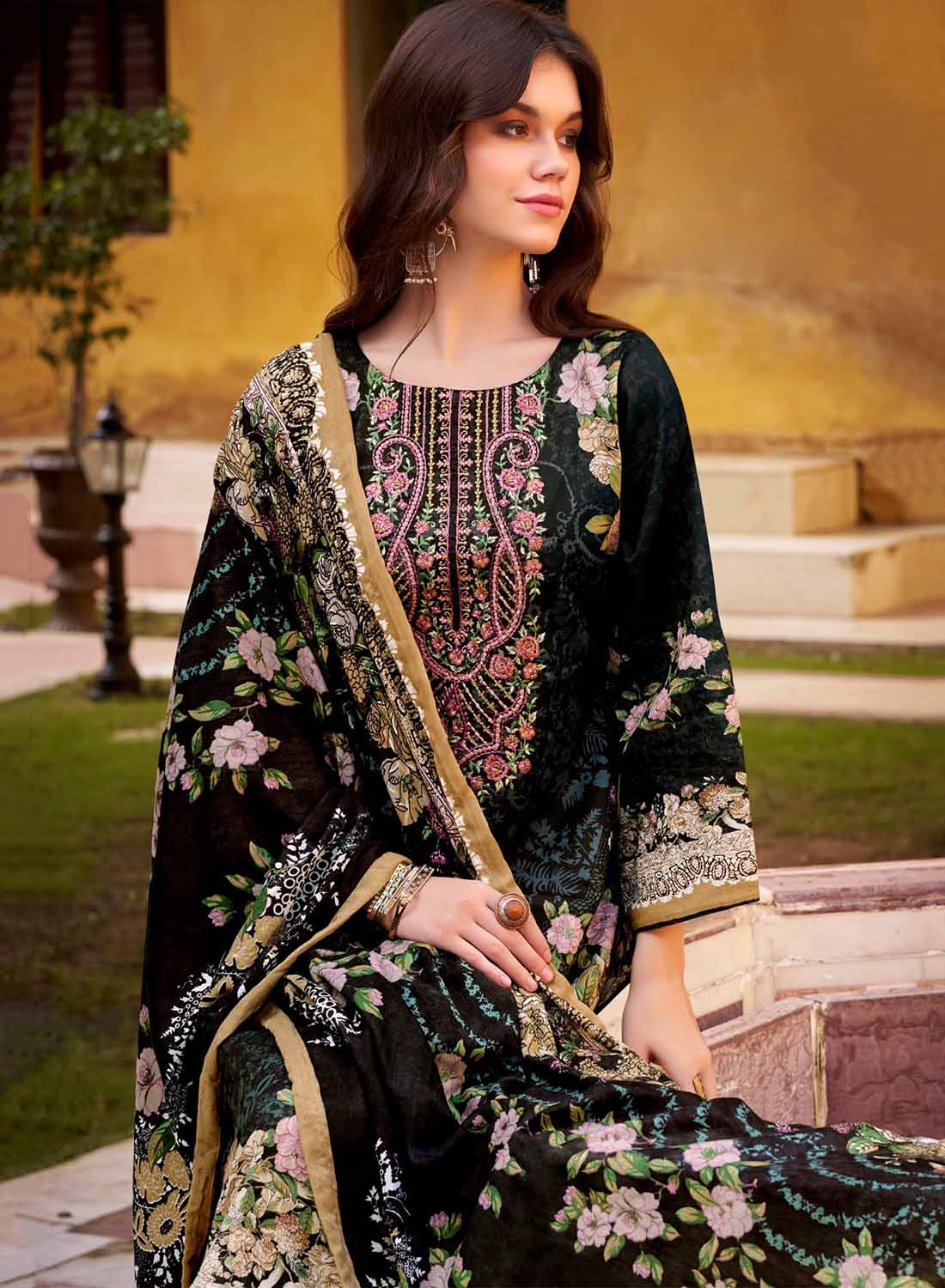 Black Pure Cotton Pakistani Print Unstitched Salwar Suit Set with Embroidery