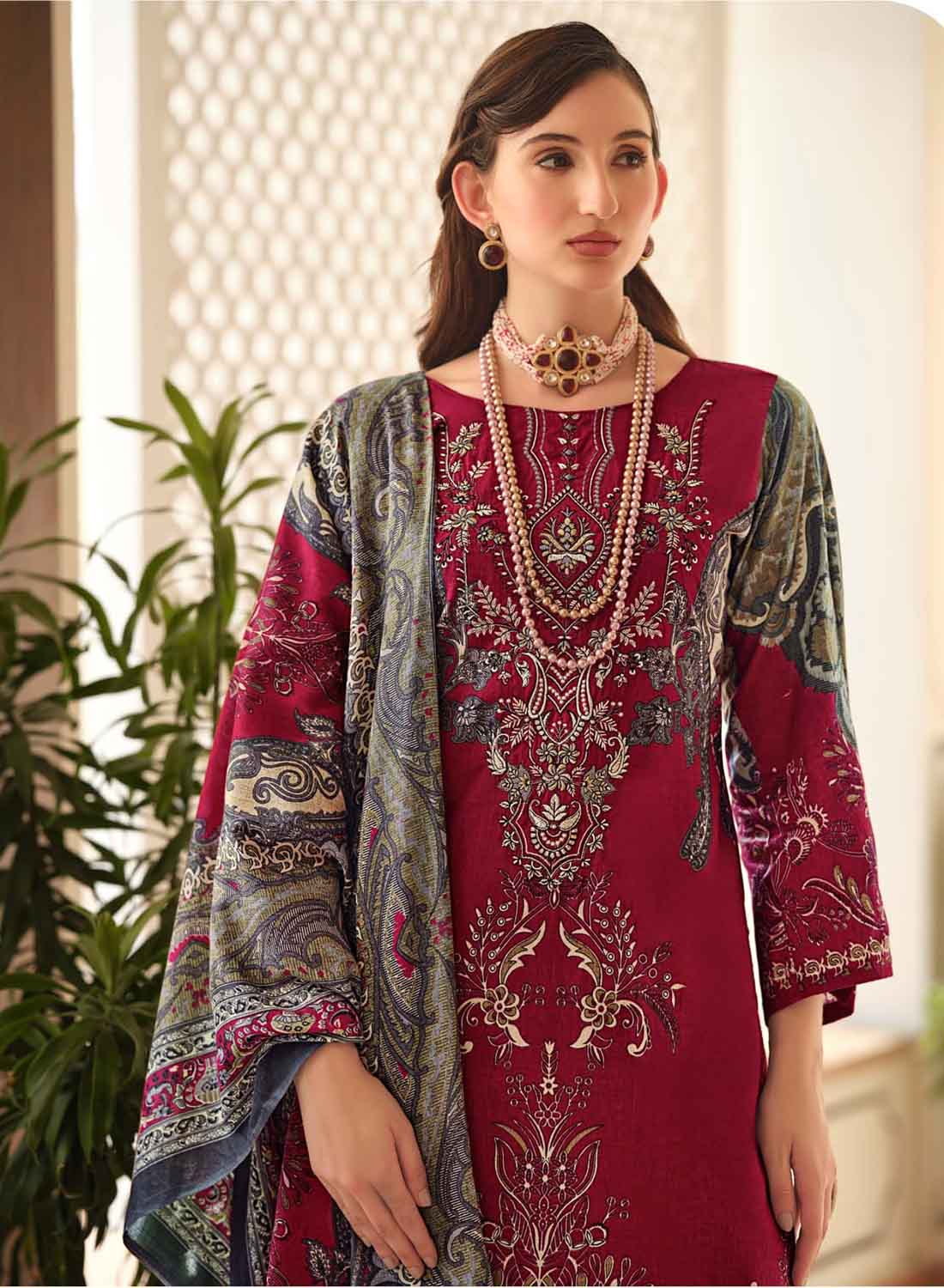 Women's Red Pakistani Print Unstitched Cotton Suit Dress Material