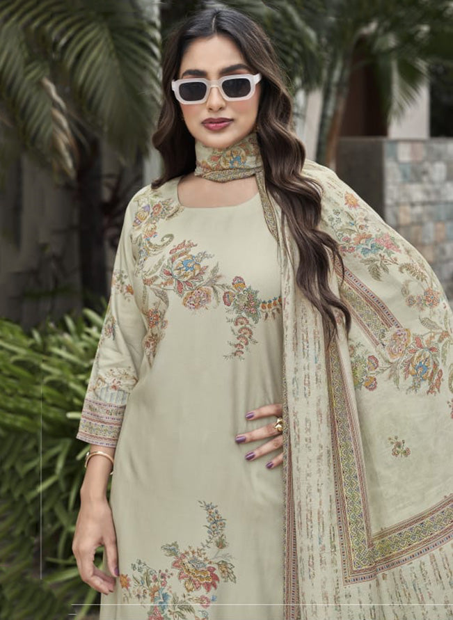 Beige Pashmina Unstitched Winter Salwar Suit Material with Muslin Dupatta