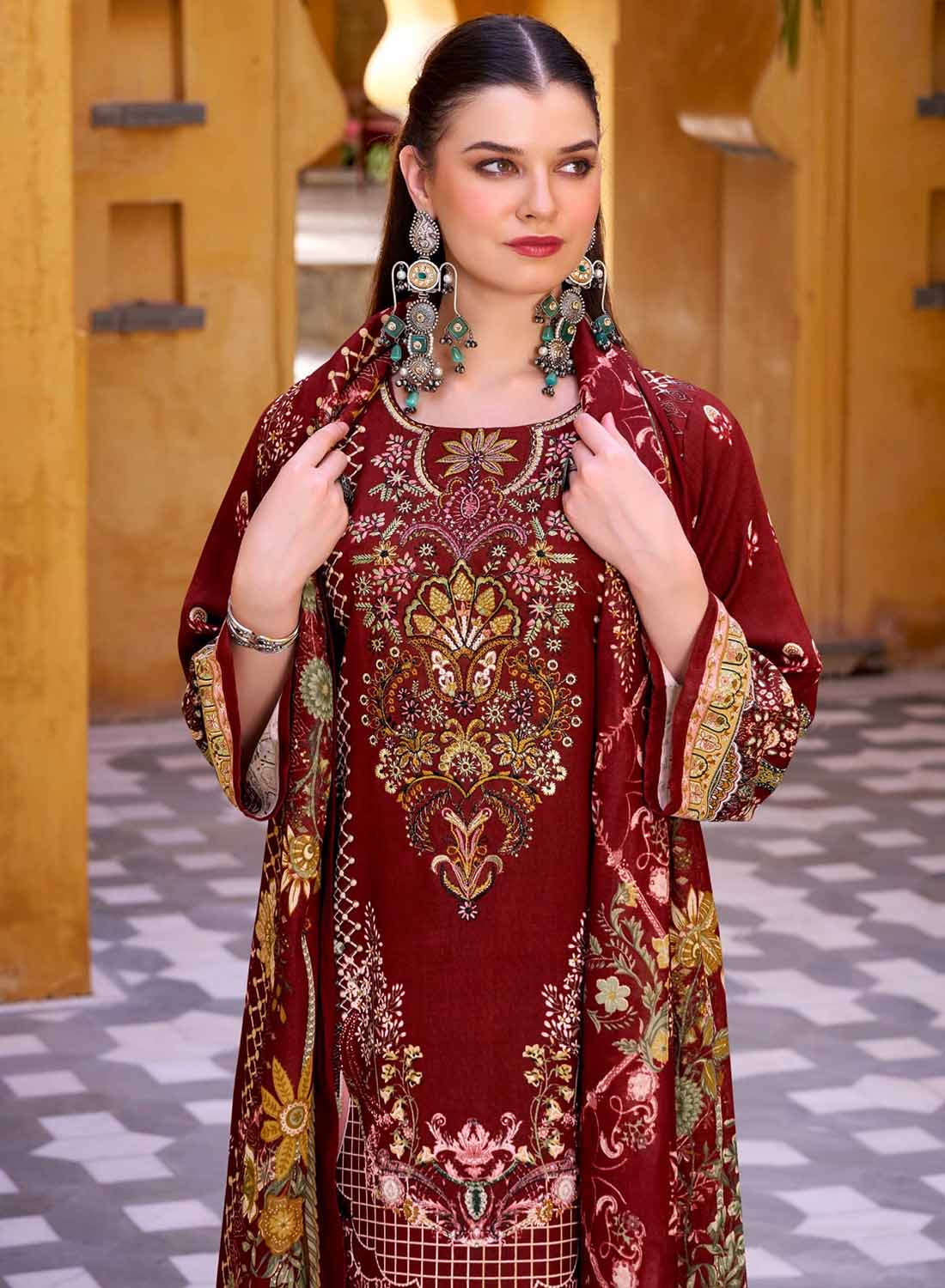 Maroon Pure Cotton Pakistani Print Unstitched Salwar Suit Material with Dupatta
