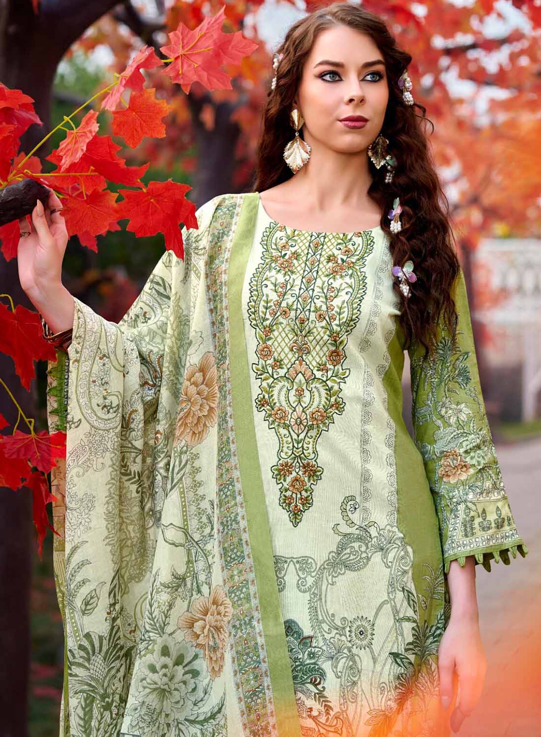 Pakistani Pure Cotton Unstitched Suit Dress Material with Embroidery Green
