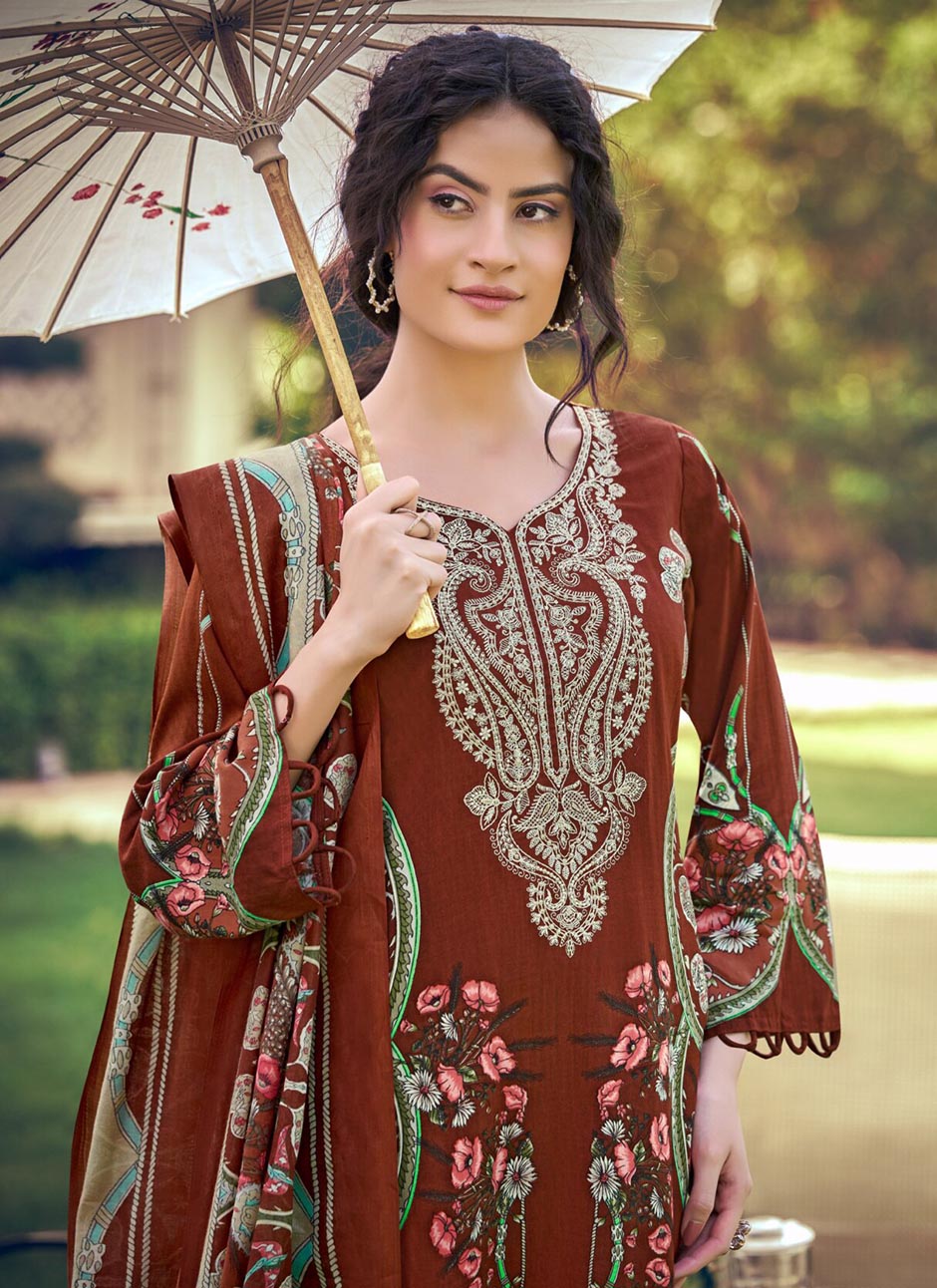 Pakistani Print Pure Cotton Unstitched Salwar Suit Set Material with Embroidery