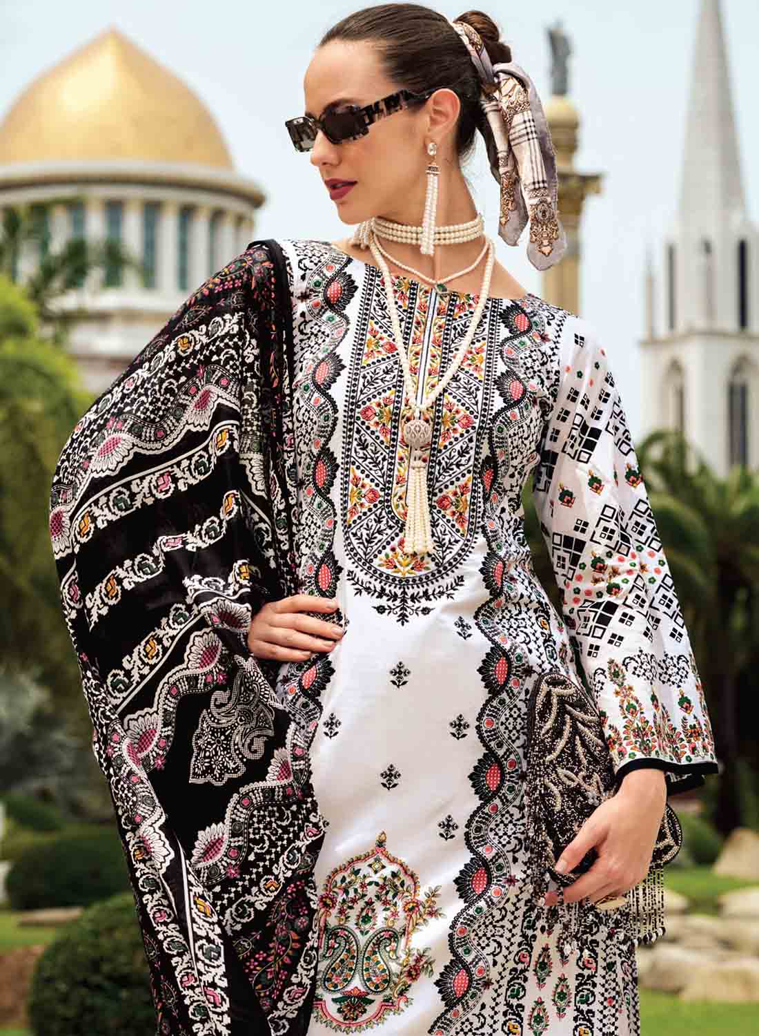 Women's White Pakistani Print Unstitched Pure Cotton Suit Dress Material