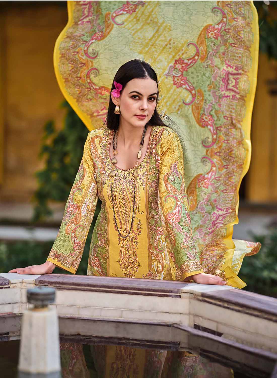 Yellow Pure Cotton Pakistani Print Unstitched Salwar Suit Material