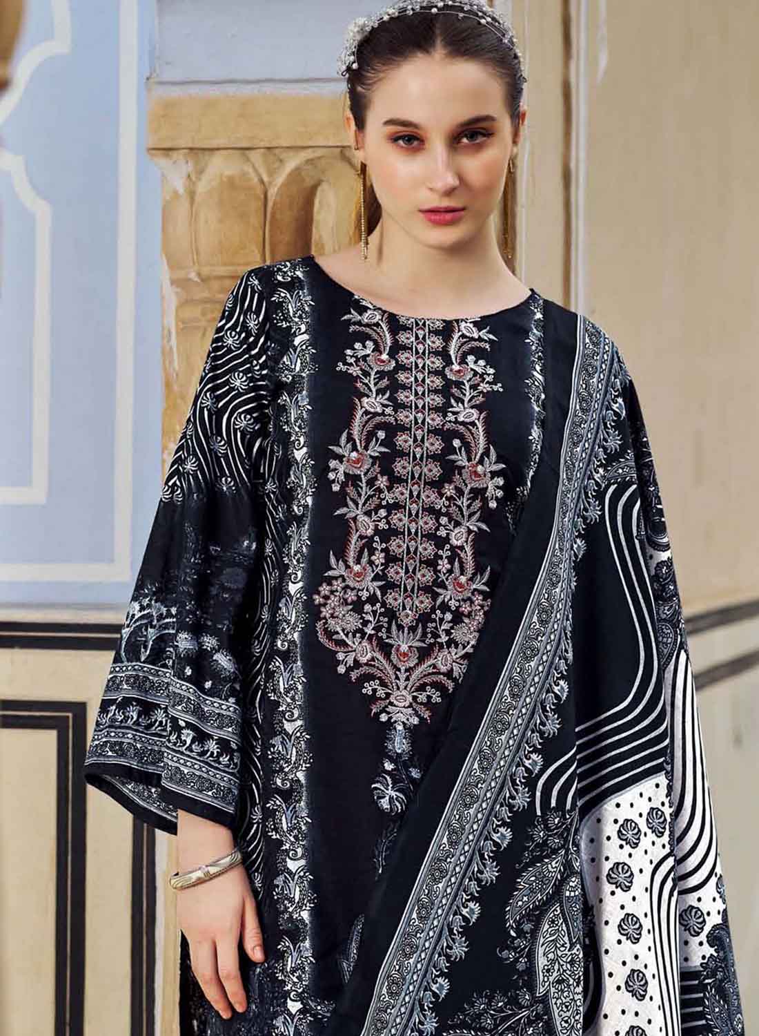 Women's Black Pakistani Printed Unstitched Cotton Suit Dress Material