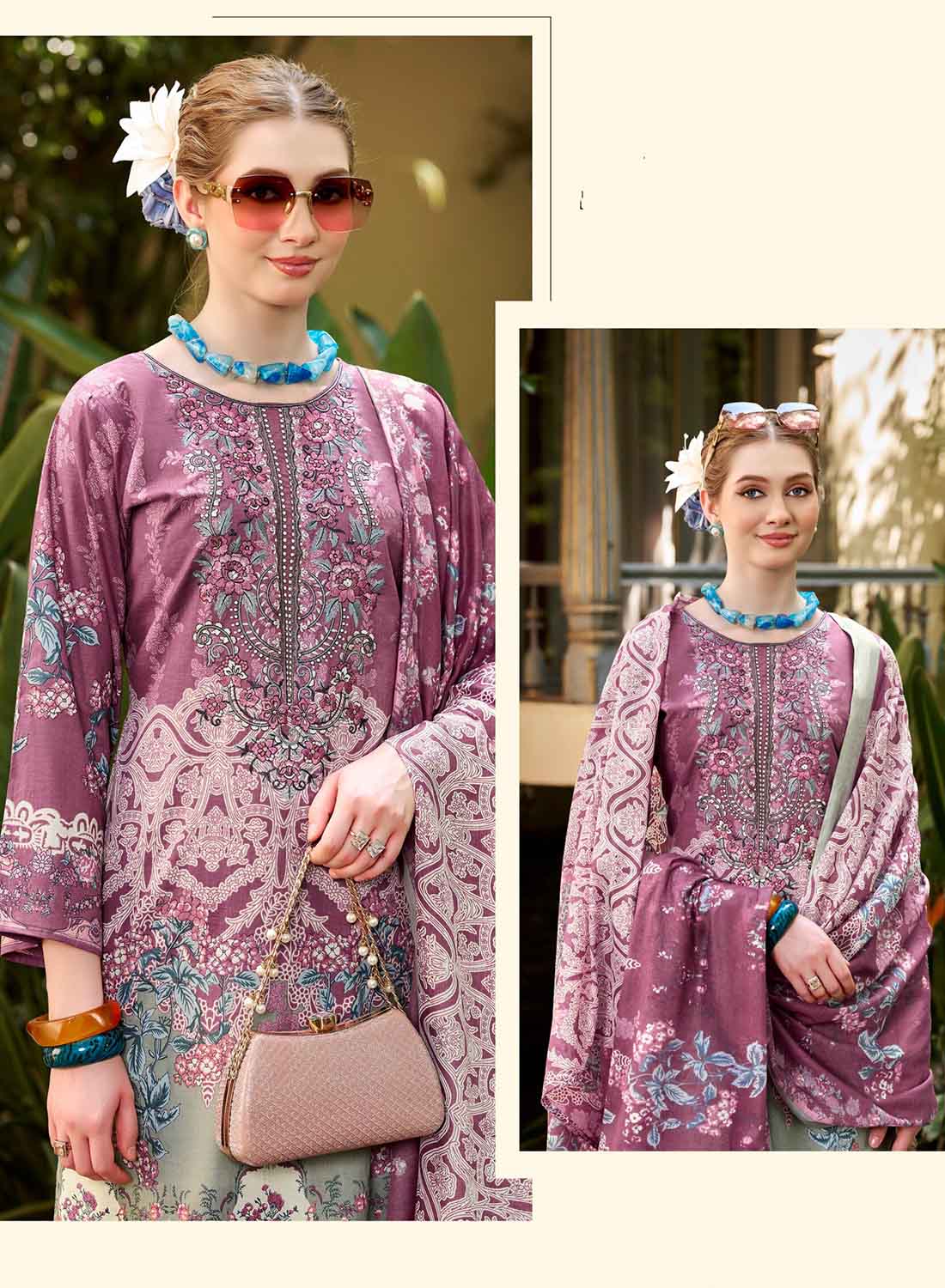 Pakistani Pure Cotton Unstitched Suit Material with Embroidery Purple