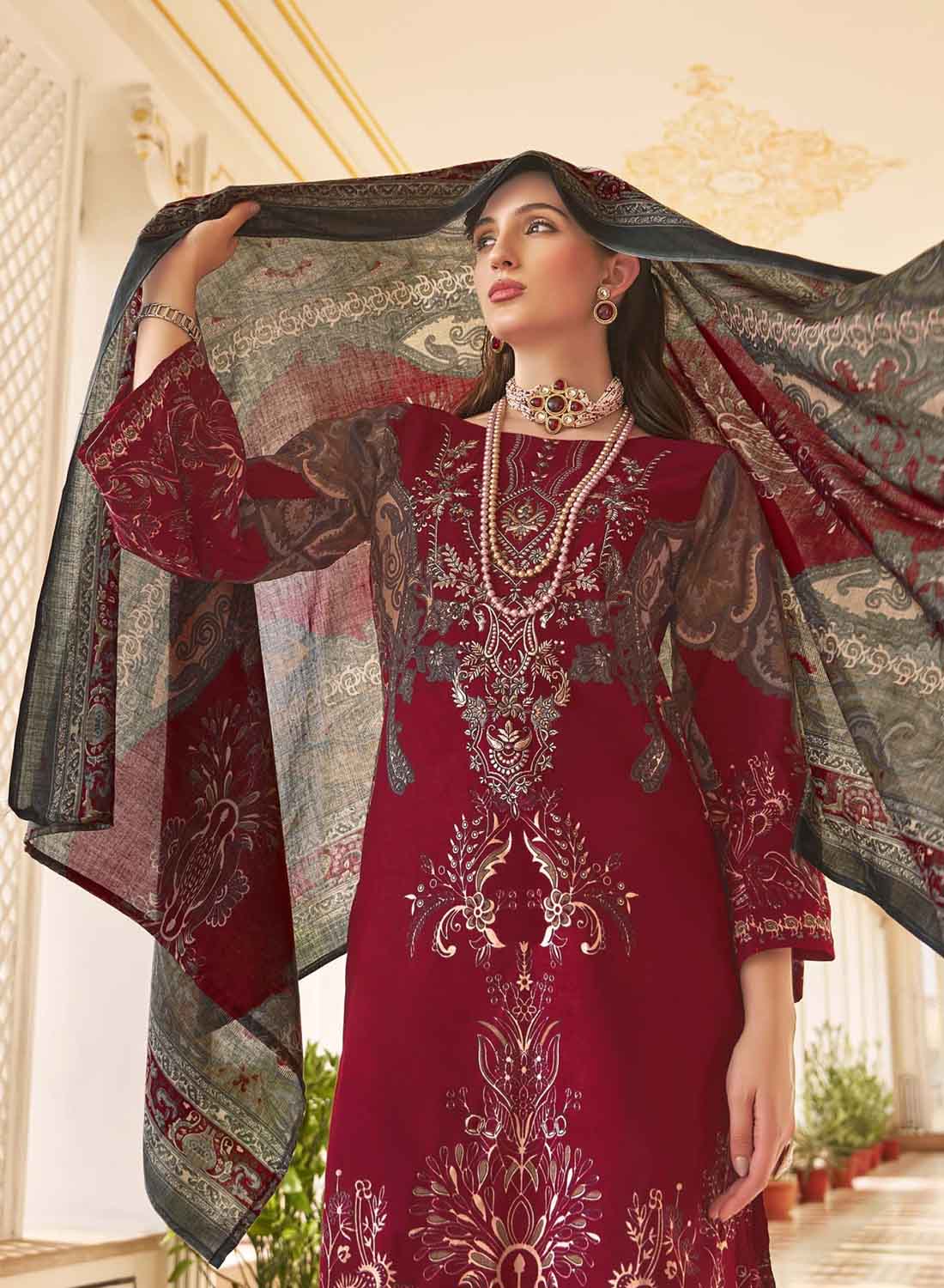 Women's Red Pakistani Print Unstitched Cotton Suit Dress Material