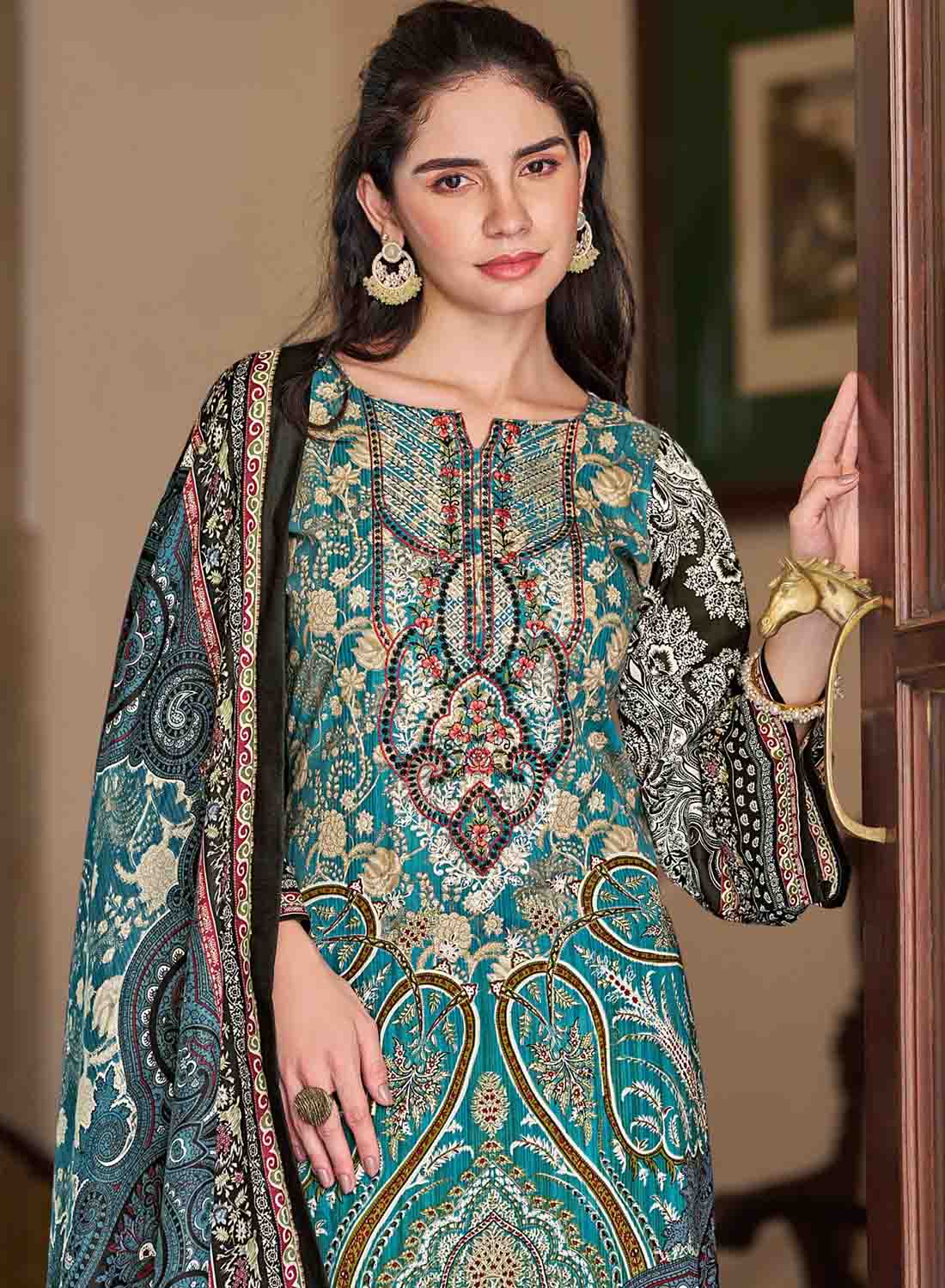 Women's Teal Pakistani Print Unstitched Cotton Suit Dress Material