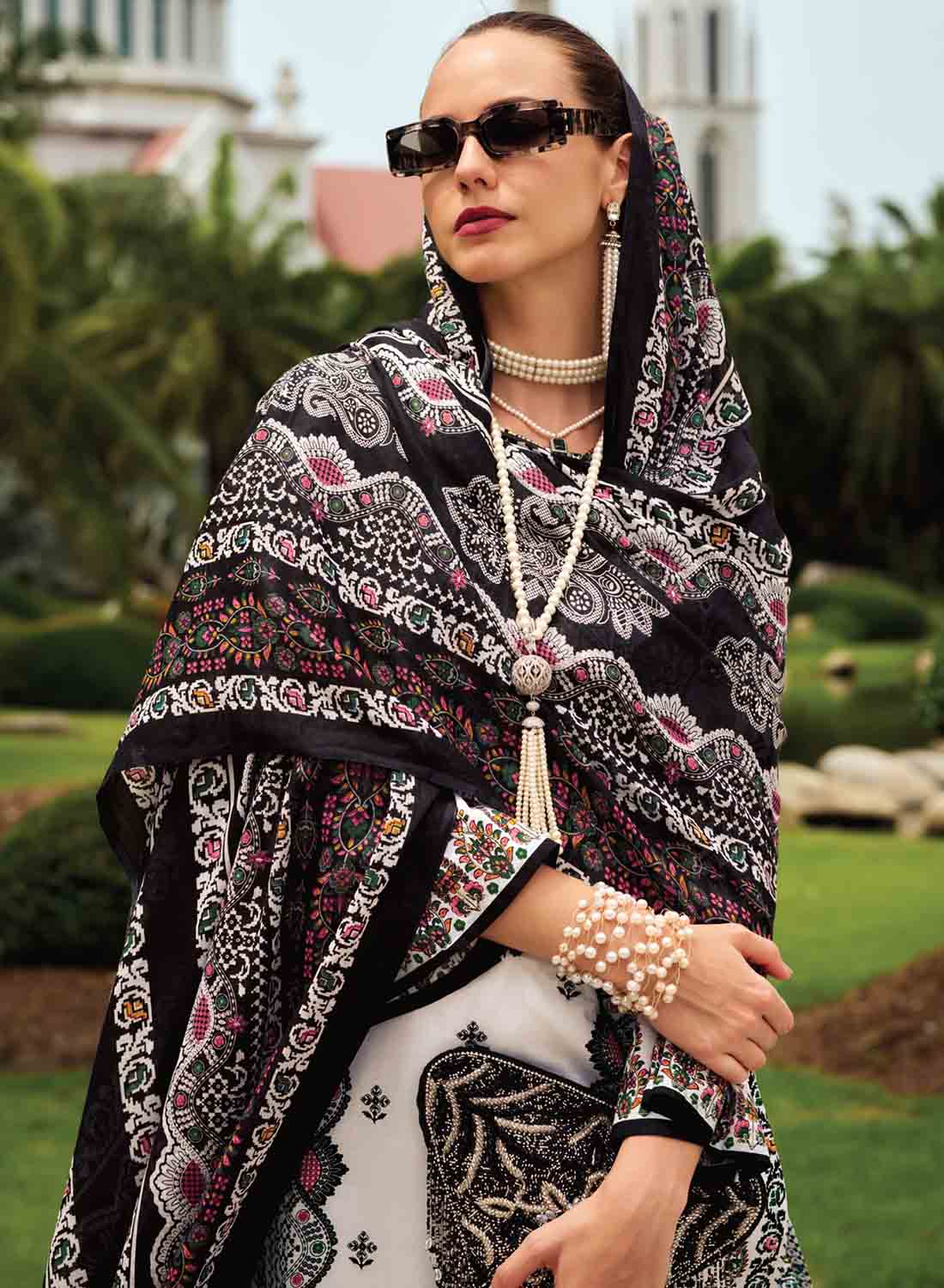 Women's White Pakistani Print Unstitched Pure Cotton Suit Dress Material