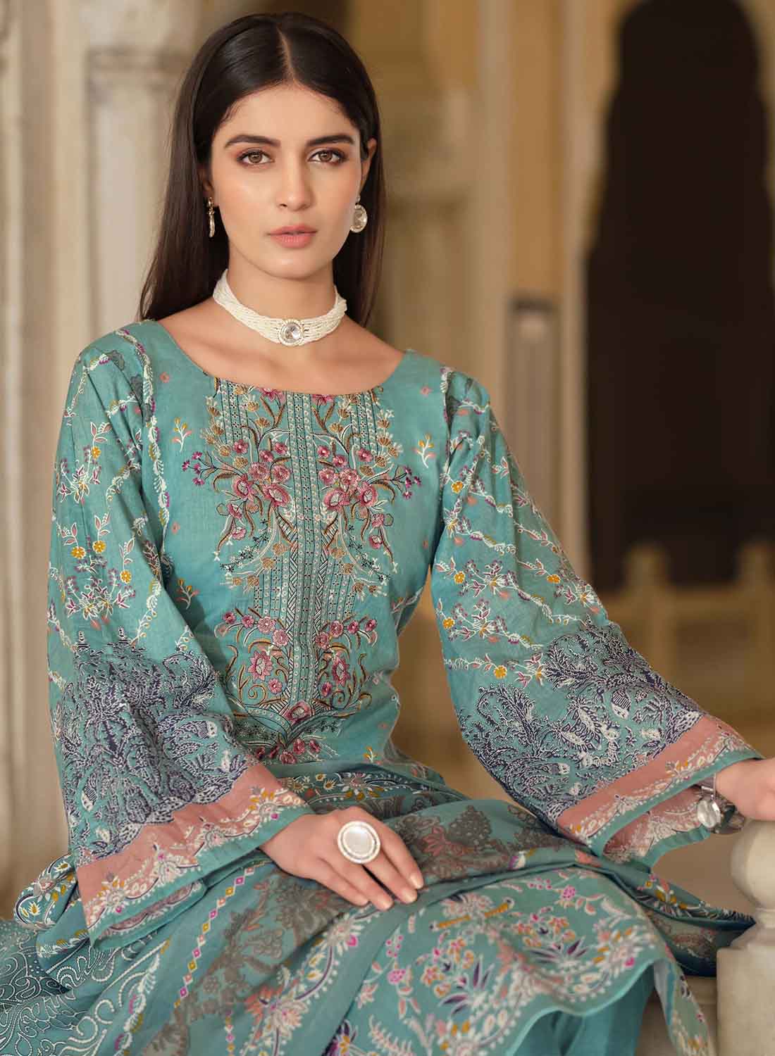 Women's Pakistani Print Unstitched Cotton Suit with Embroidery