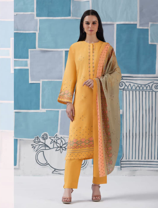 Unstitched Yellow Cotton Suit for Women with Embroidery S Nirukth