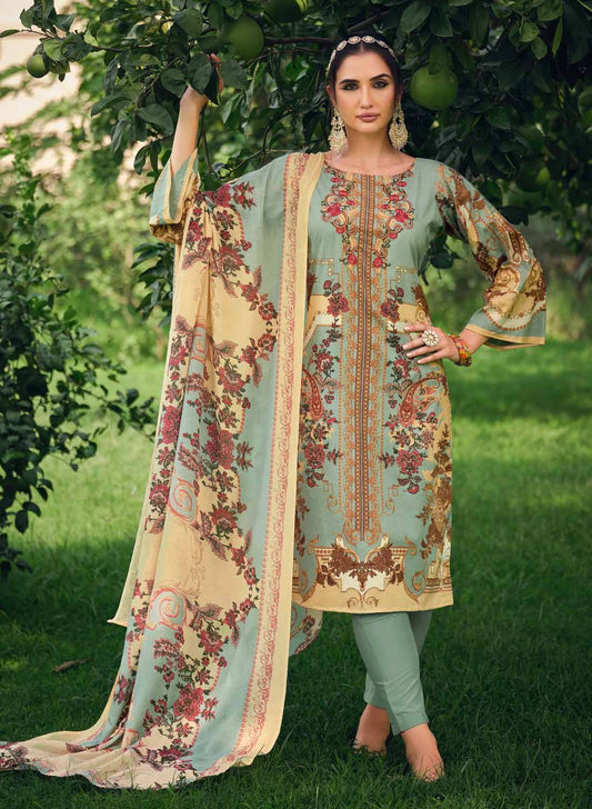 Belliza Cotton Pakistani Print Unstitched Women Salwar Suit Green Belliza