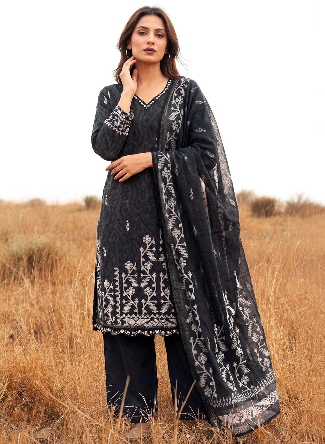 Pure Lawn Cotton Black Unstitched Suit Dress Material for Women