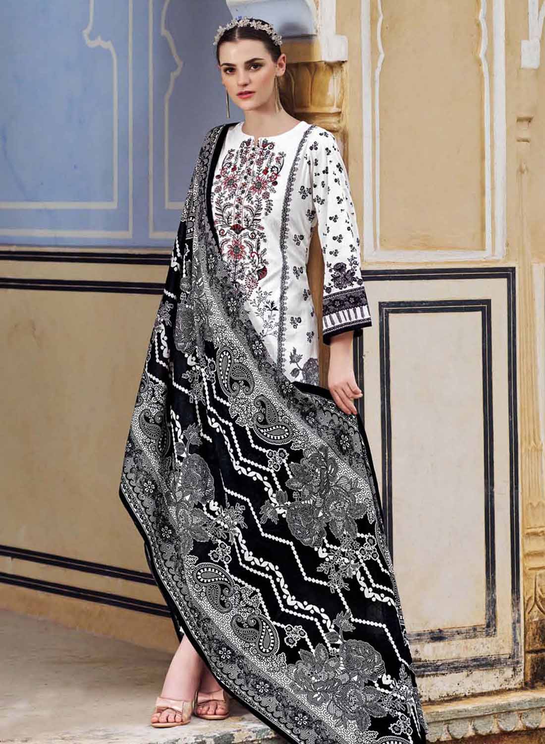 White Pakistani Print Unstitched Cotton Suit Dress Material with Embroidery