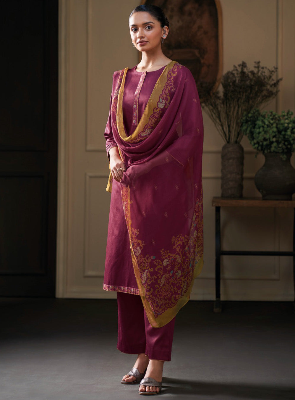 Ganga Cotton Silk Pink Unstitched Salwar Suit Material with Chiffon Dupatta