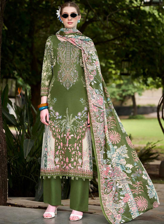 Pakistani Pure Cotton Unstitched Suit Material with Embroidery Green