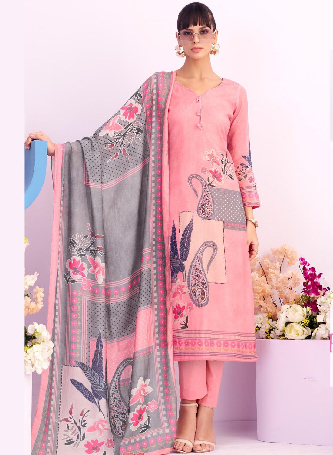 Pink Chanderi Cotton Unstitched Suit Dress Material for Women