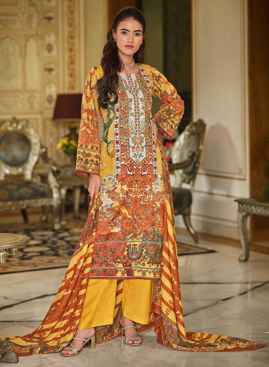 Women's Yellow Pakistani Print Unstitched Cotton Salwar Suit Material