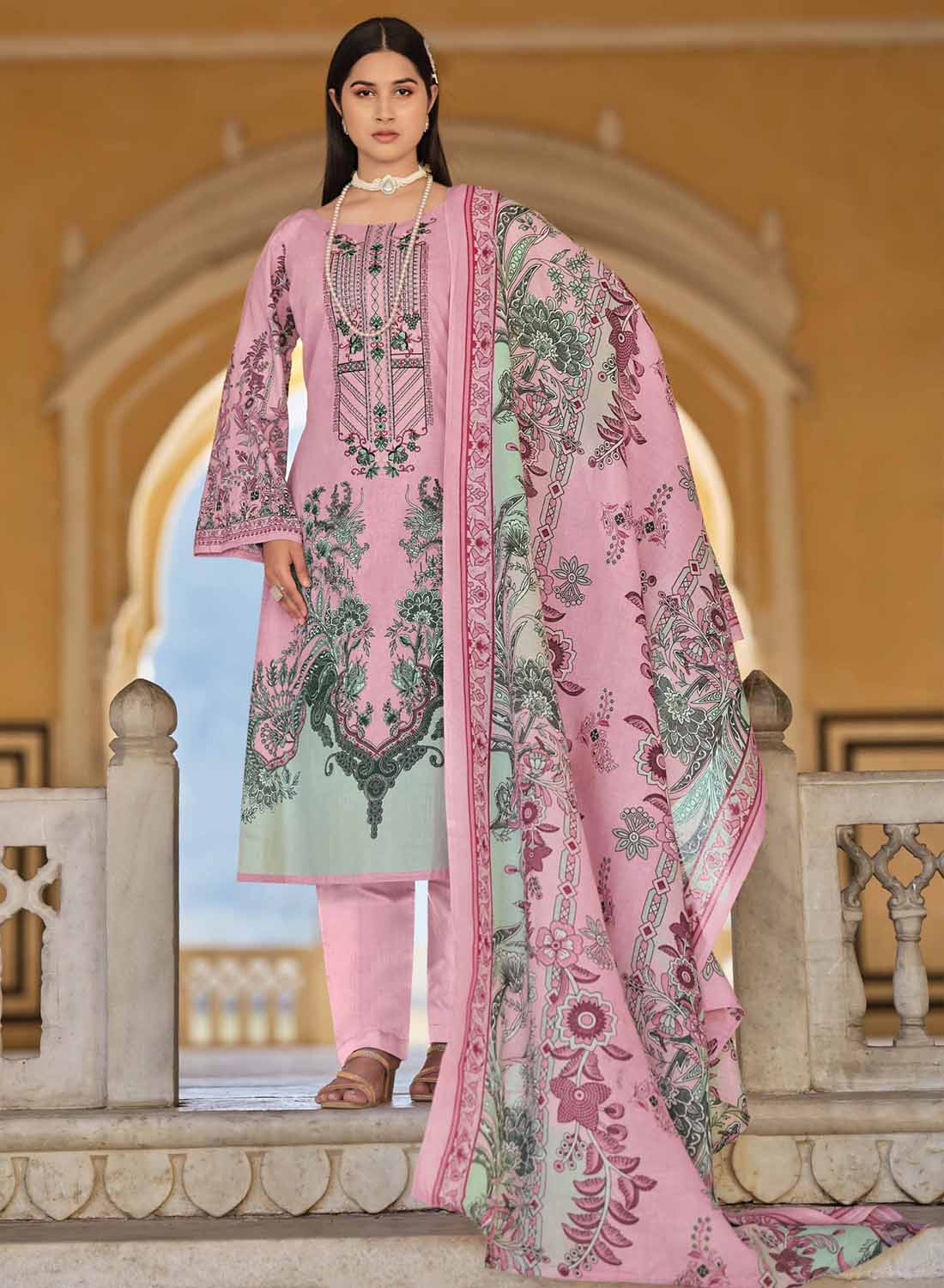 Women's Pakistani Print Unstitched Cotton Suit Set with Embroidery