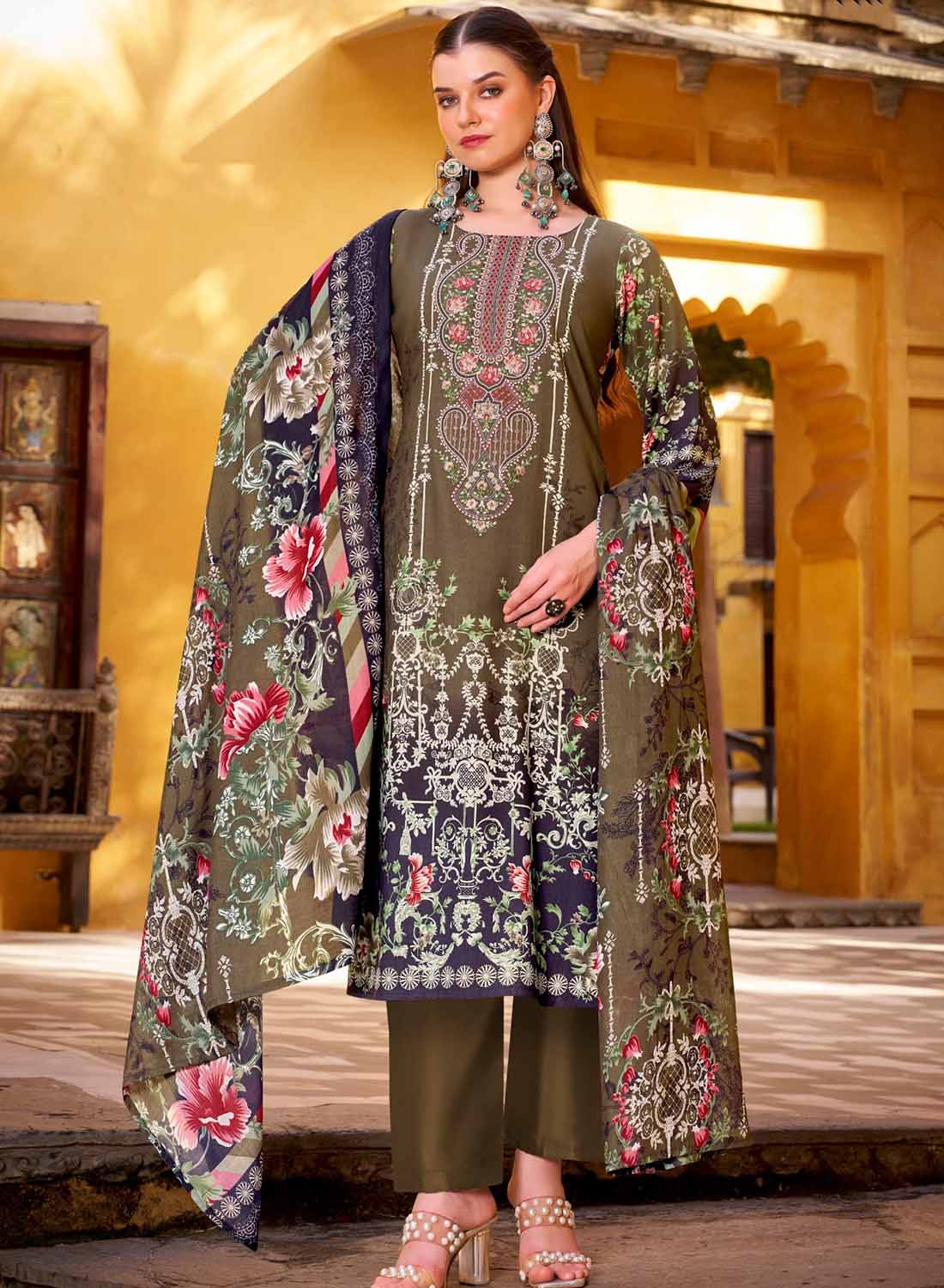 Brown Pure Cotton Pakistani Print Unstitched Salwar Suit Material with Dupatta