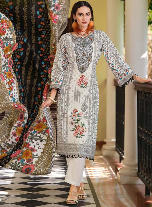 Pakistani Print Unstitched Pure Cotton Salwar Suit Material with Embroidery
