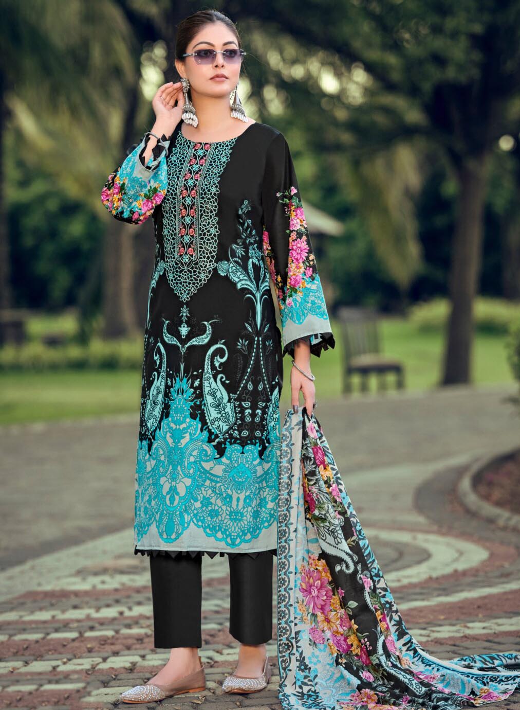 Pure Cotton Black Pakistani Print Unstitched Suit Material with Embroidery